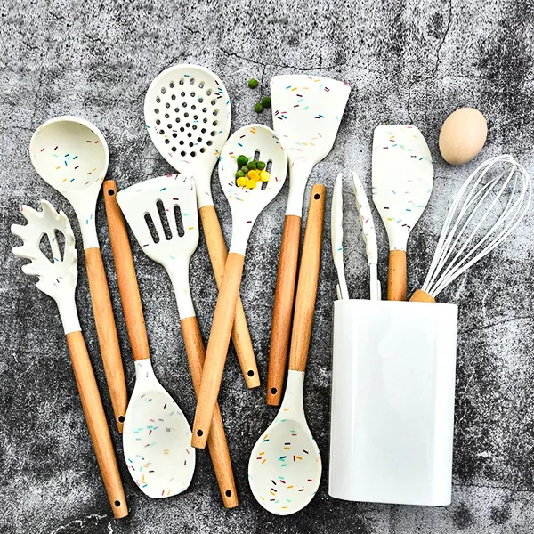 White Silicone and Wood Cooking Utensils HK-111