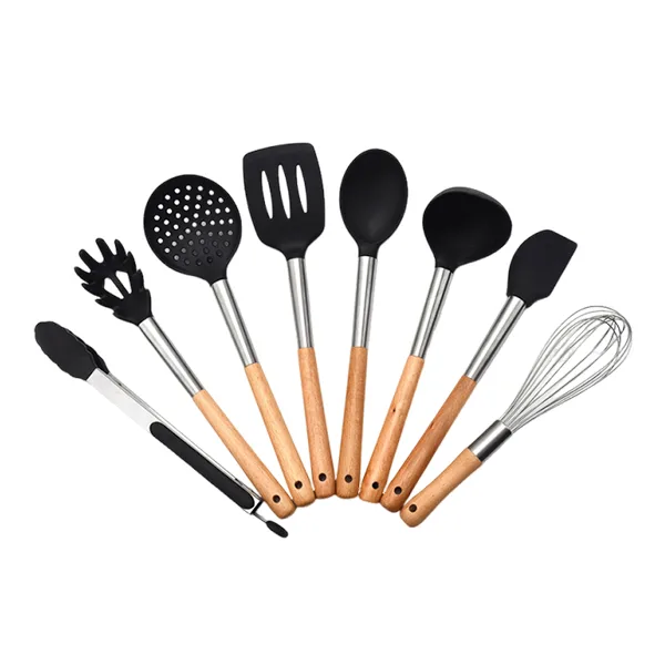 Black Silicone Utensil Set with Wood Handle KL201-KL213